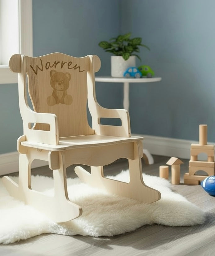 Personalized Wooden Toddler Rocking Chair – Custom Name Puzzle Chair, Natural or Stained
