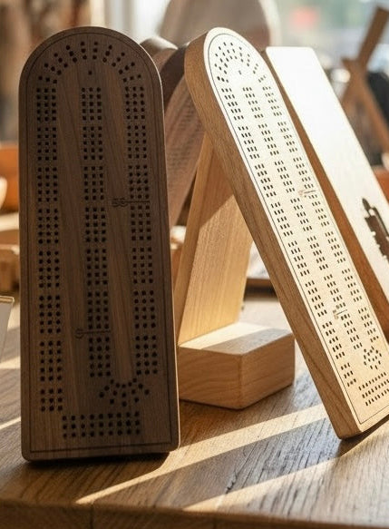Wooden cribbage board on a wooden table with blurred background