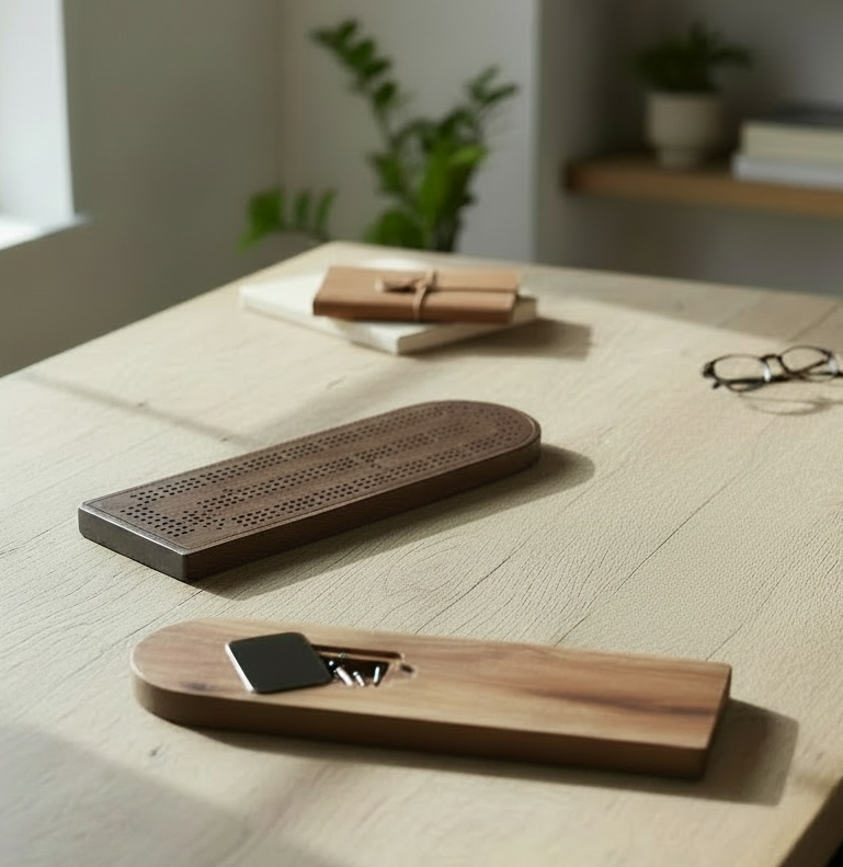 Wooden cribbage boards in dark walnut and figured maple on a light wooden desk with a blurred background