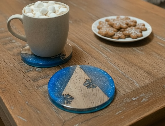 Cozy living room table, and a mug of hot chocolate sitting on sparkling blue snowflake coasters, with a plate of cookies on a wooden table.
