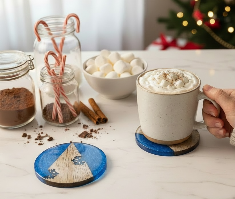 Person holding a mug of hot chocolate with whipped cream, sitting on sparkling blue snowflake coasters
