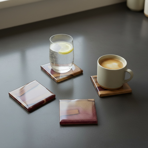 Set of 4 burgundy/gold resin and wood square coasters with a cup of water and a coffee cup sitting on 2