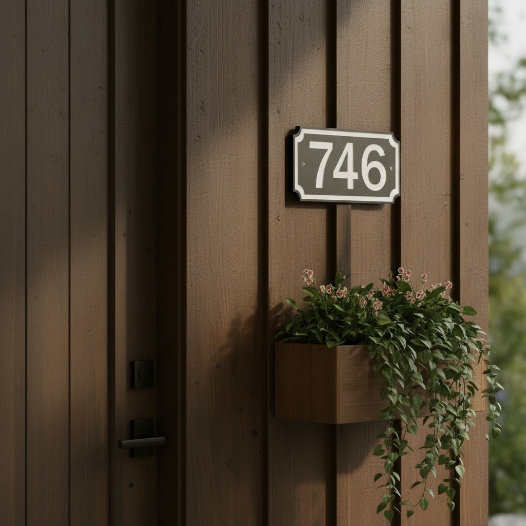 Black and white 5-inch HDPE address sign mounted beside a wood entry door with planter