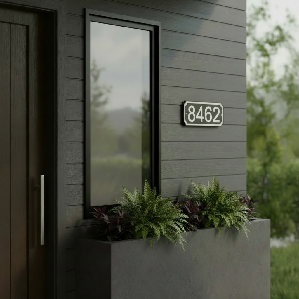 Black and white 5-inch HDPE address sign mounted on a modern gray home exterior beside a planter
