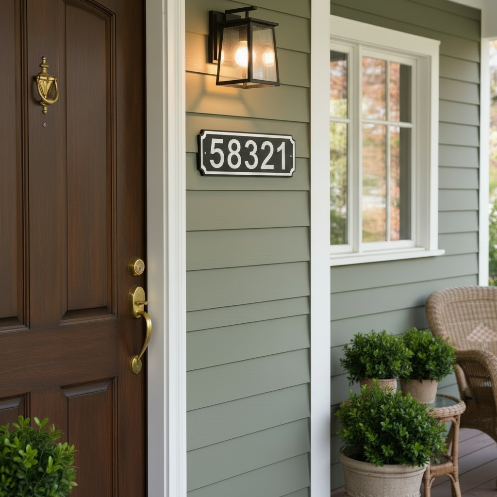 Black and white 5-inch HDPE address sign mounted beside a front door on gray exterior siding