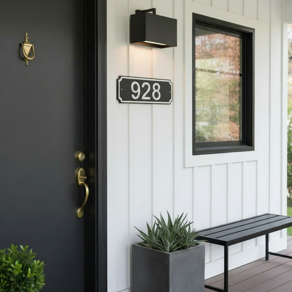 Black and white 5-inch HDPE address sign mounted beside a black front door on white exterior siding