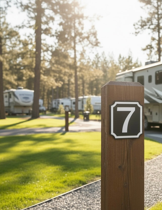 6-inch Number Sign on wood sign post in RV camp ground