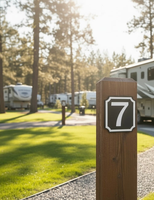 6-inch Number Sign on wood sign post in RV camp ground