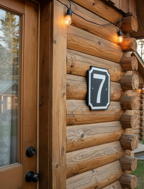 Zoomed in on 6-inch Number Sign on log cabin exterior wall