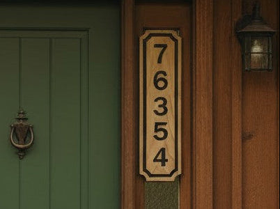 Green door with a wood house number sign with black font on a wooden house exterior
