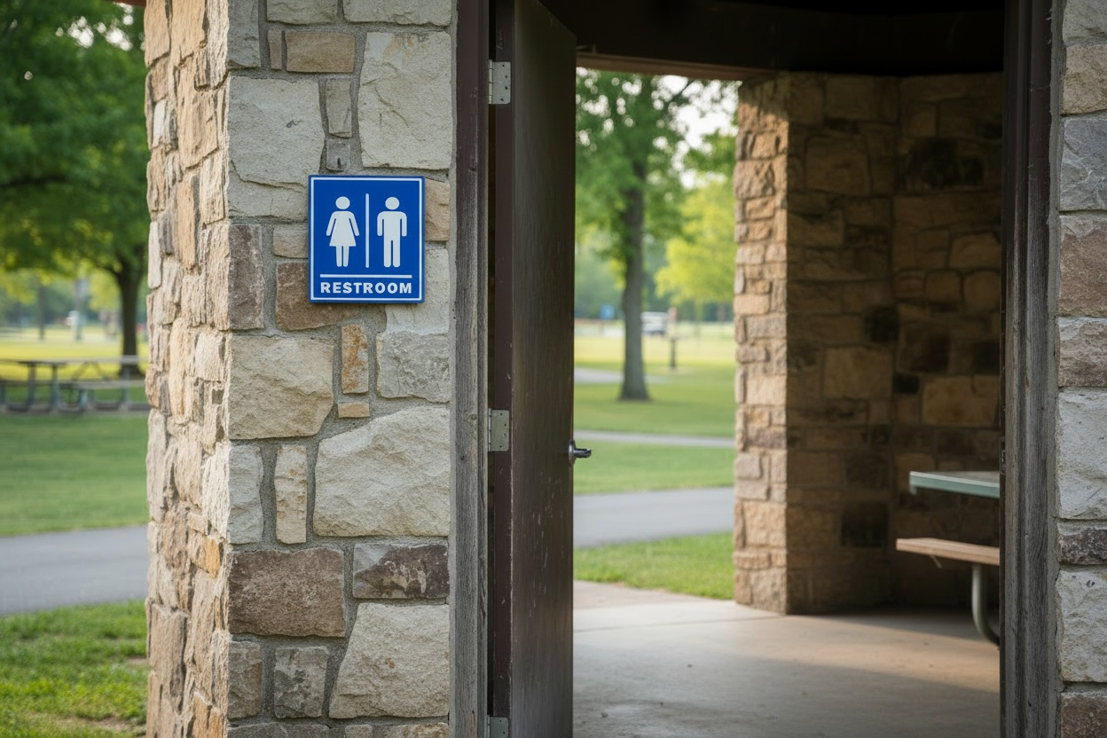 Stone restroom entrance with a blue sign indicating gender-neutral restrooms, set against a park backdrop.