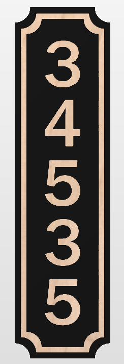 Vertical house number plaque with wood carved numbers on a black background