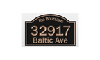 Mock up of decorative house number sign with 'The Boursaws' and address '32917 Baltic Ave'. carved into a black sign