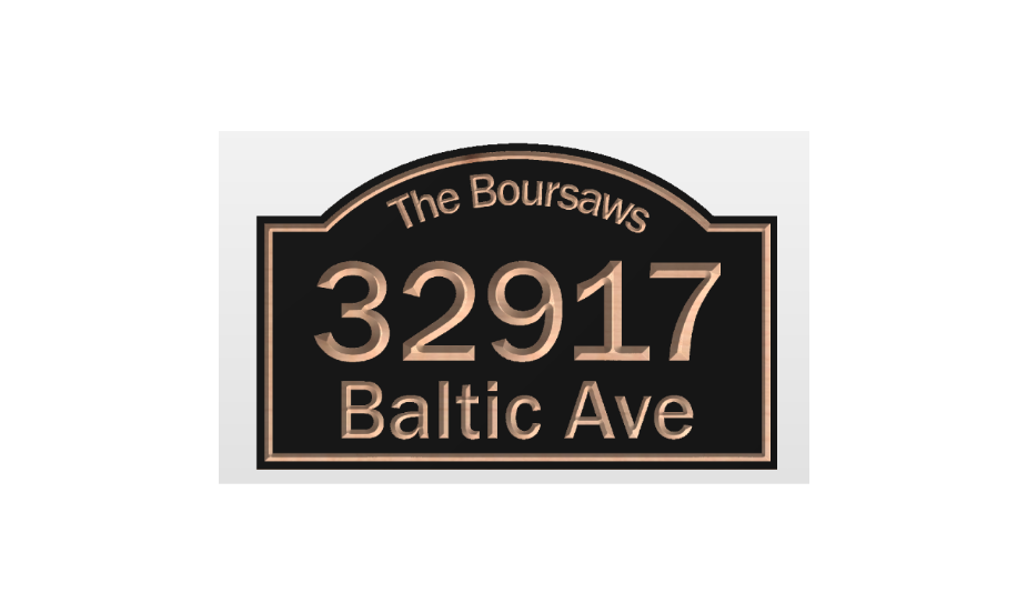 Mock up of decorative house number sign with 'The Boursaws' and address '32917 Baltic Ave'. carved into a black sign