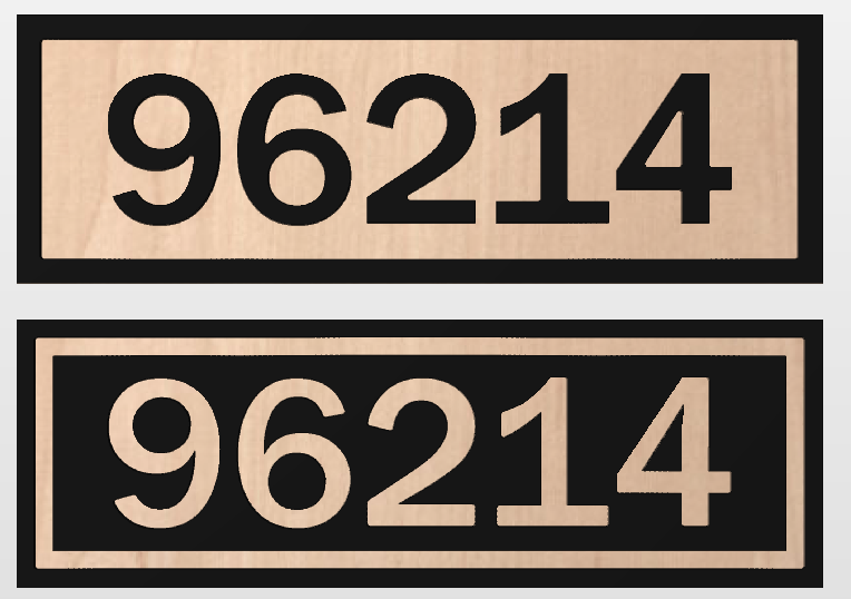 Two rectangular address signs mock-ups with the text '96214' on in black font on a light wood background and light wood font with a black background.