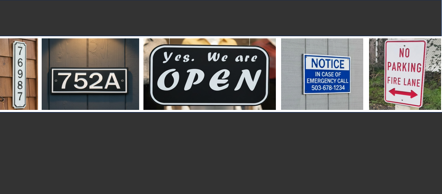 Collection of various signs including a business open sign, address sign, emergency contact sign, and no parking sign.
