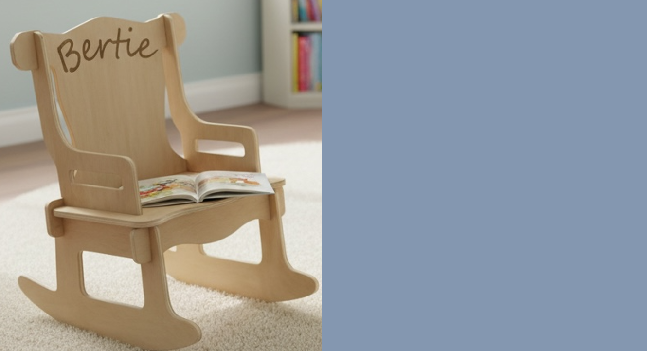 Handcrafted wooden rocking chair engraved with the name 'Bertie' on it with a book on the seat on a carpeted floor
