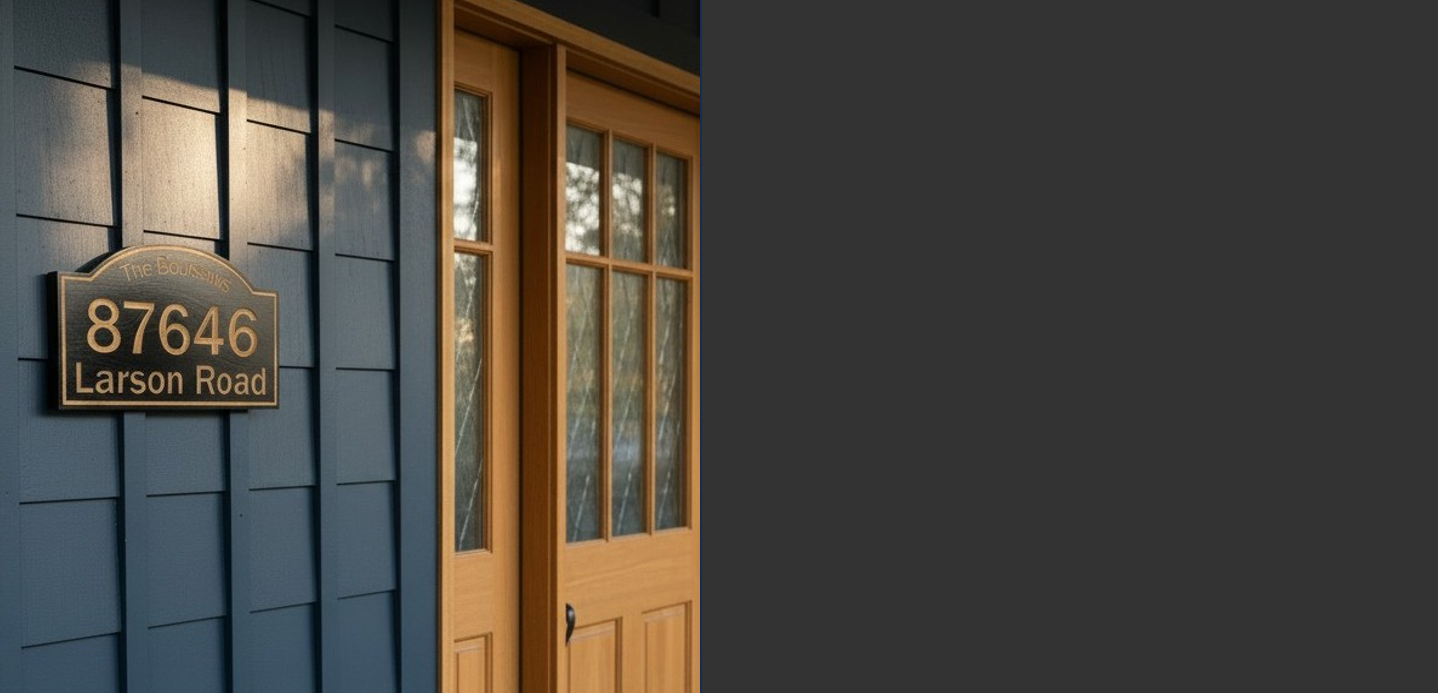 Black and wood carved house number sign on a blue house with wooden door