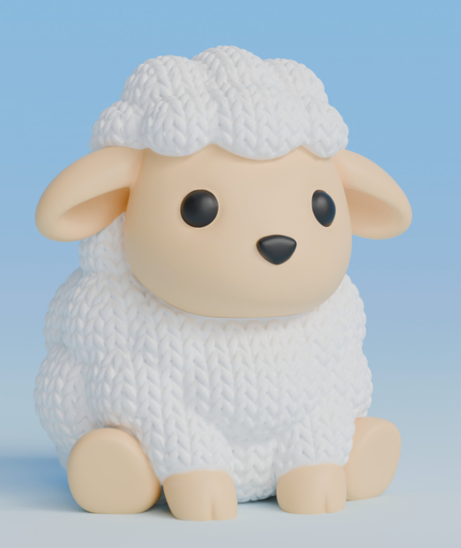 3d printed "knitted" style sheep with white wool and black eyes on a light blue background