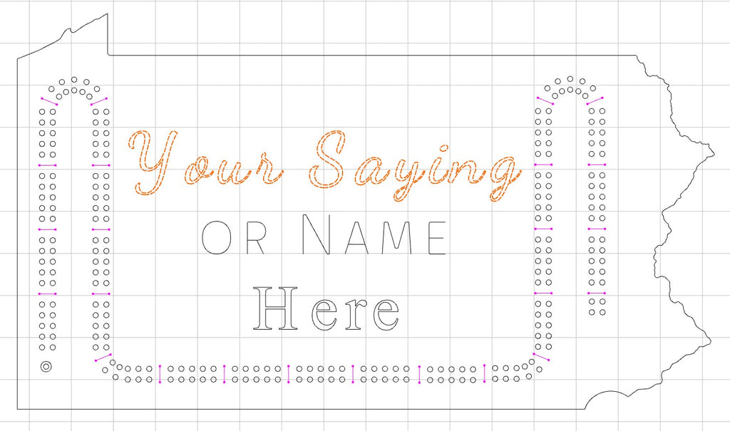 2player cribbage board state of Pennsylvania shape design with customization area indicated for saying or name