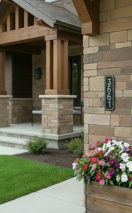 Front of a house with black and white decorative vertical address sign and flowers in a planter.