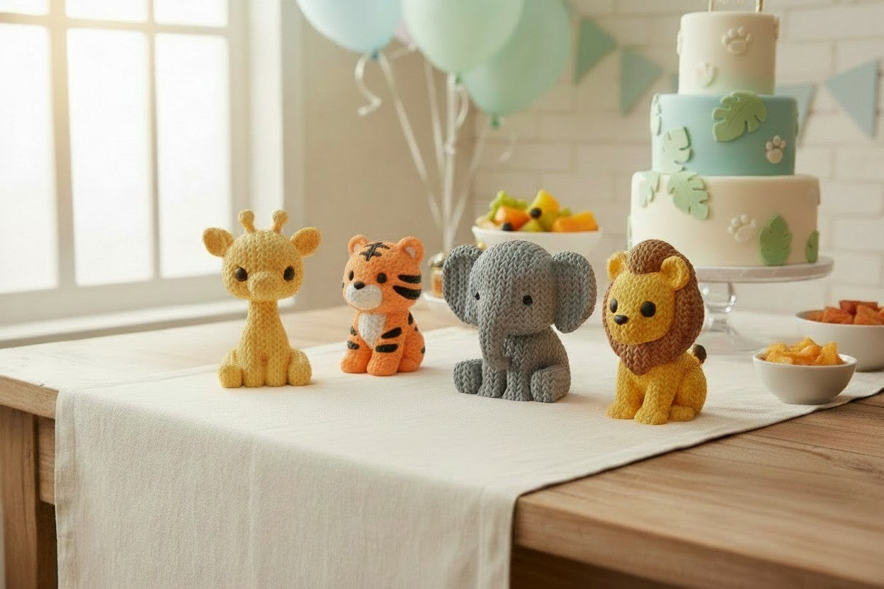 3d printed "knitted" style zoo animal toys on a table with a cake and balloons in the background