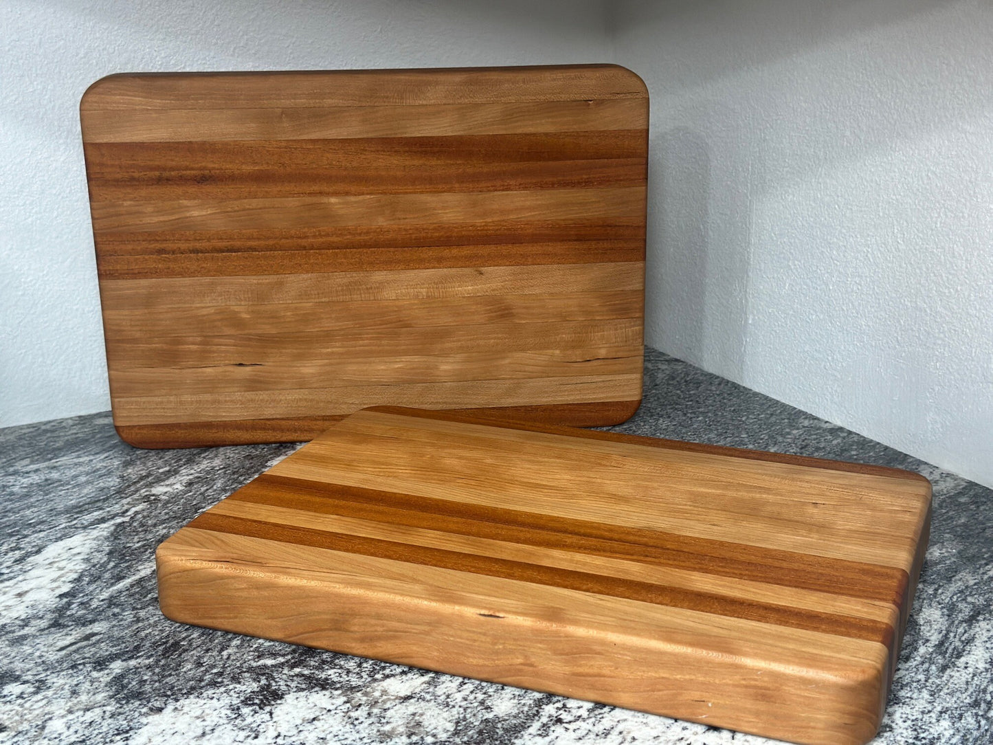 2 Mahogany block cutting board with cherry contrast stripes