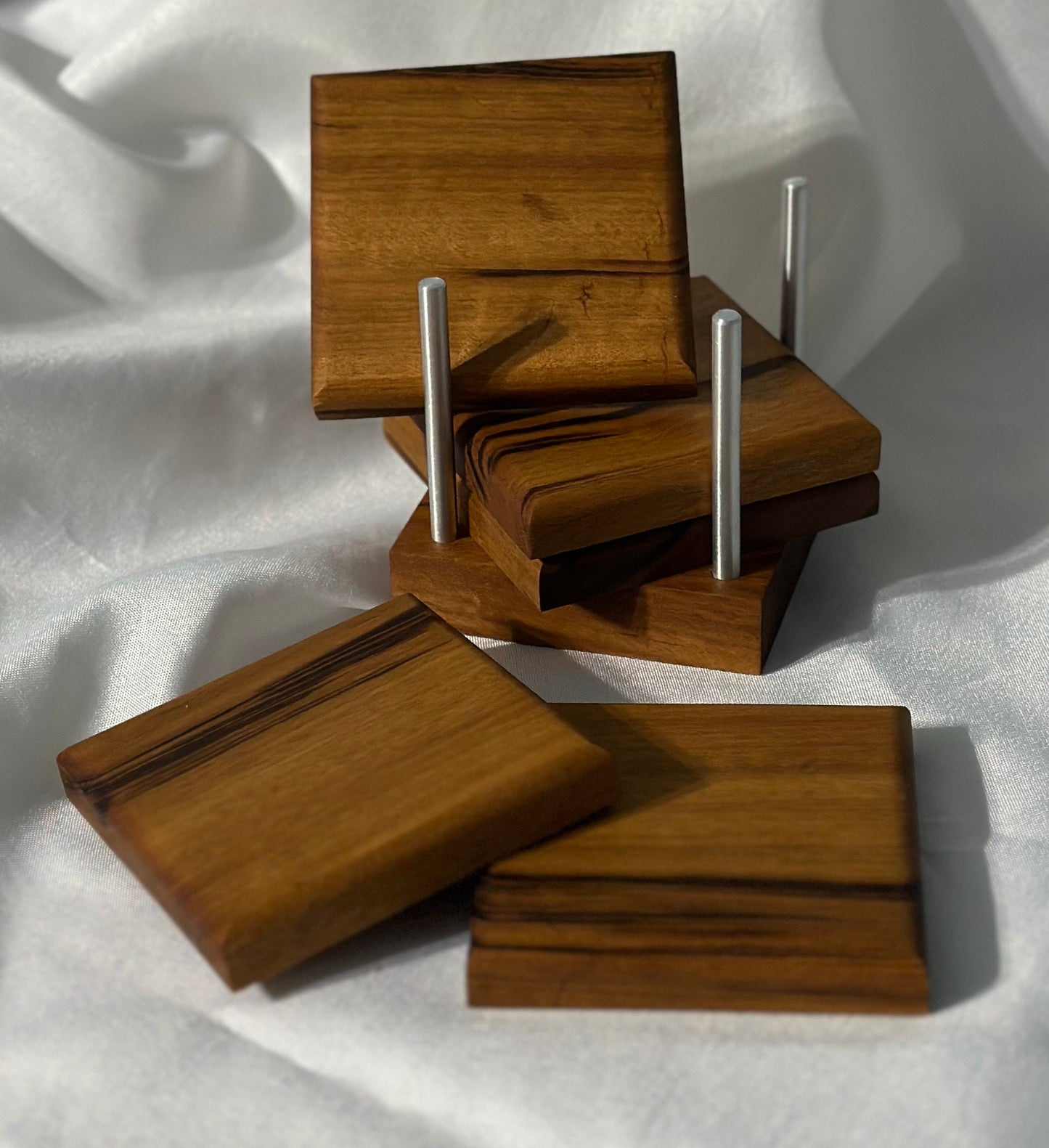 Brazilian wood coasters, Set of 4 w/ Holder