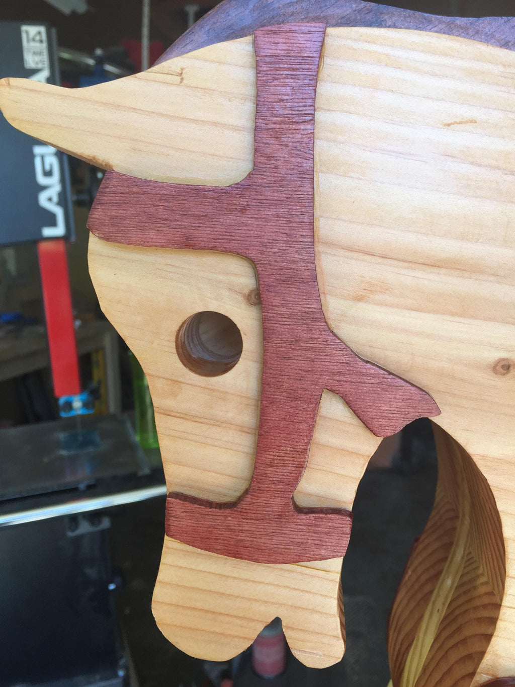 Zoomed in of head from custom made antique style wooden rocking horse