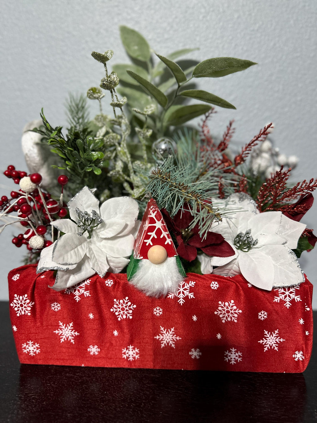 triangle gnome with Christmas paper antiqued hat as part of holiday centerpiece