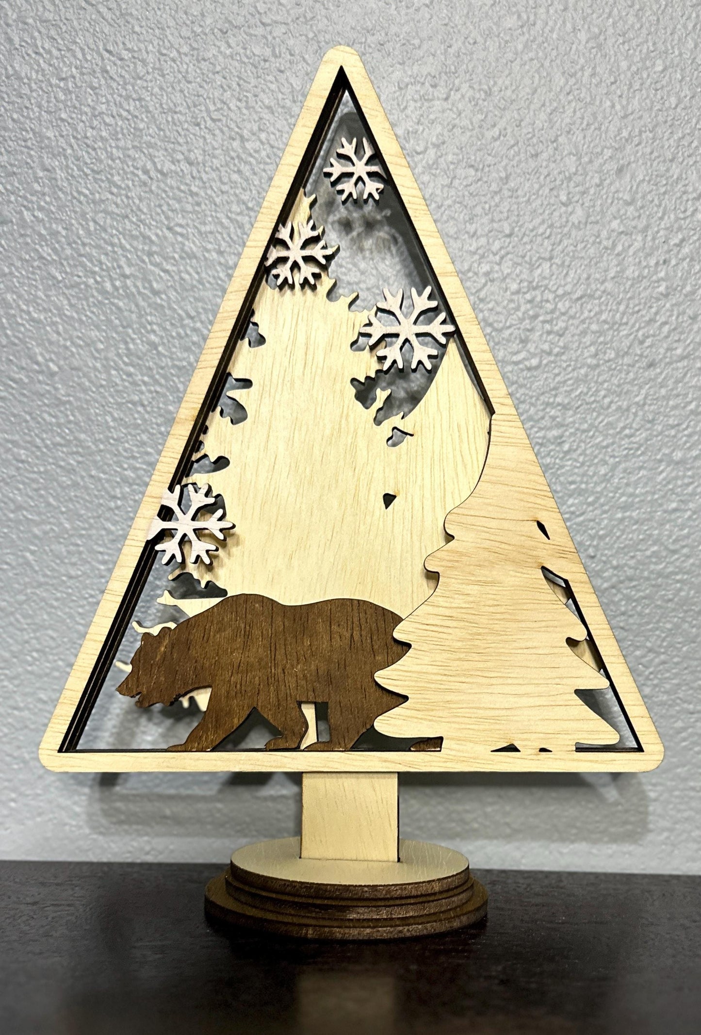 Winter Scene Shelf Sitter – Bear, Deer, Moose, and Snowflake Décor for Mantel or Windowsill, Natural Wood with Walnut Stain, Holiday Accent