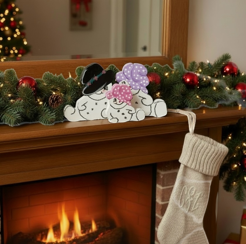 Snowman & Snowwoman Couple Wood Shelf Sitter – Cute, Chunky Winter Décor for Mantel or Windowsill, Customized Hat Color Option